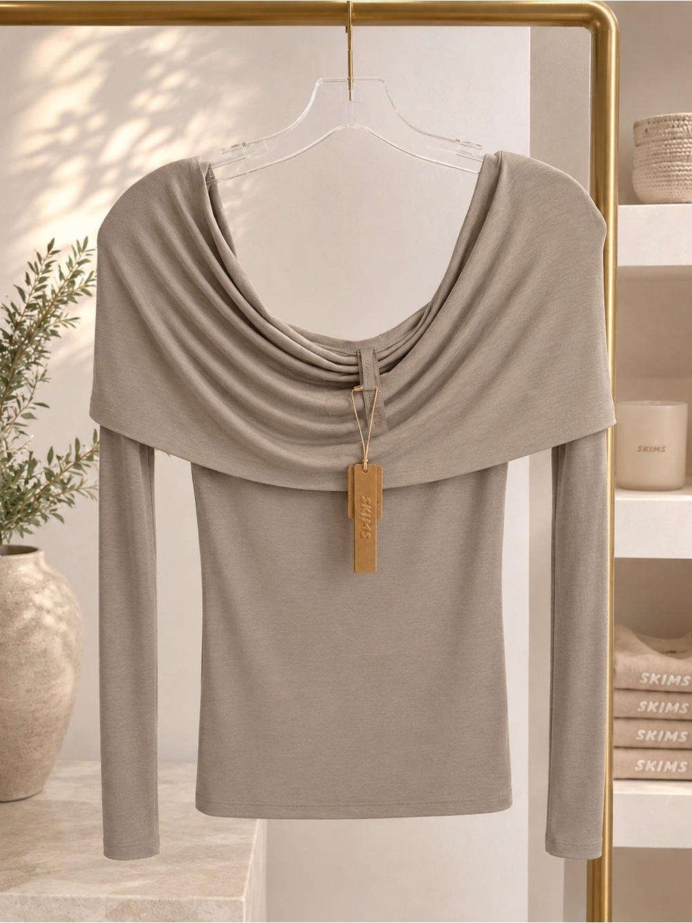NWT SKIMS Sheer Modal Off Shoulder Long Sleeve Top Dune Size Medium